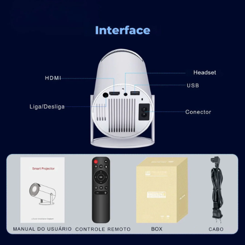 Projetor Portátil 4K com AndroidTV, Wi-Fi e Espelhamento de Tela